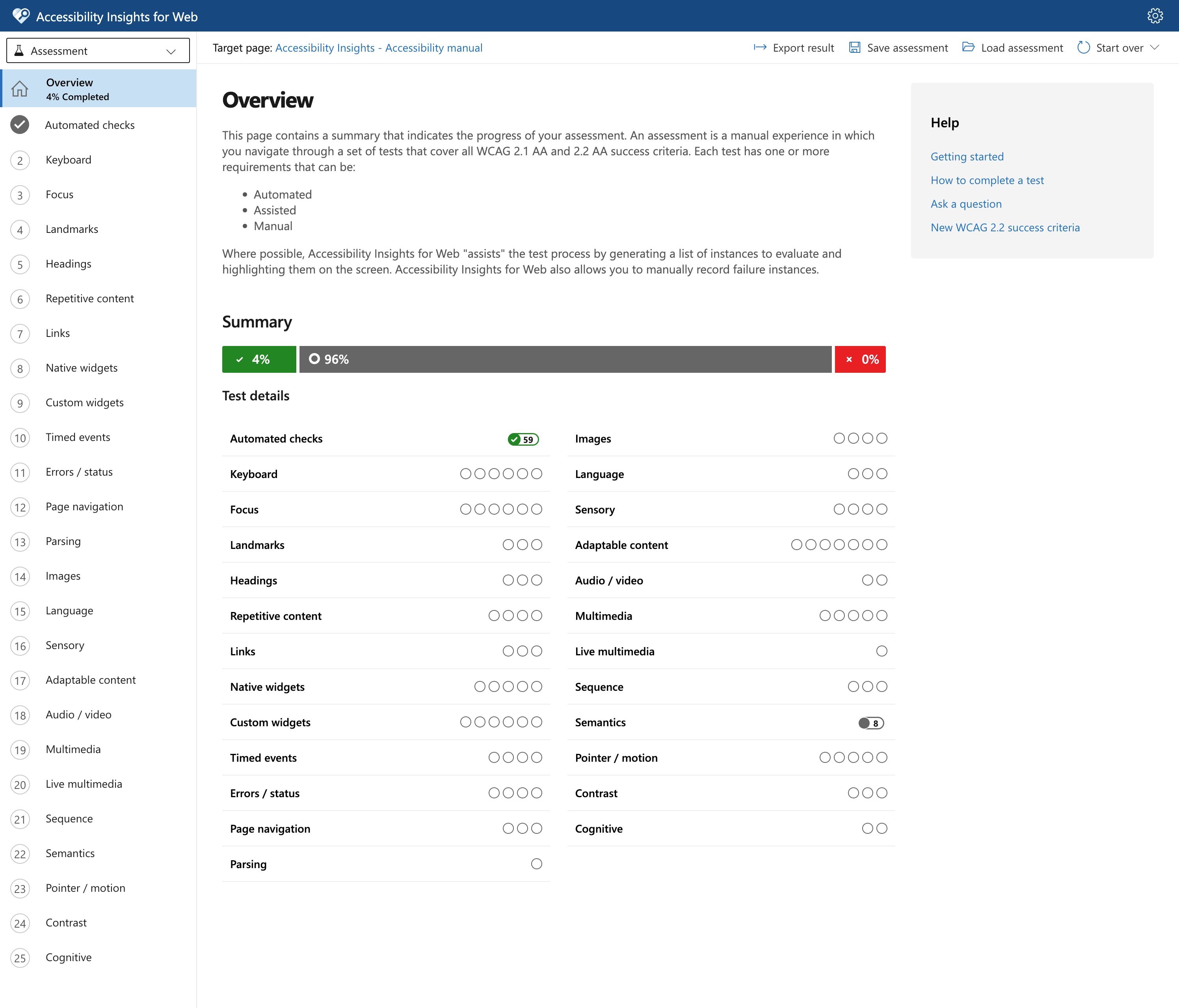 Accessibility Insights assessment results