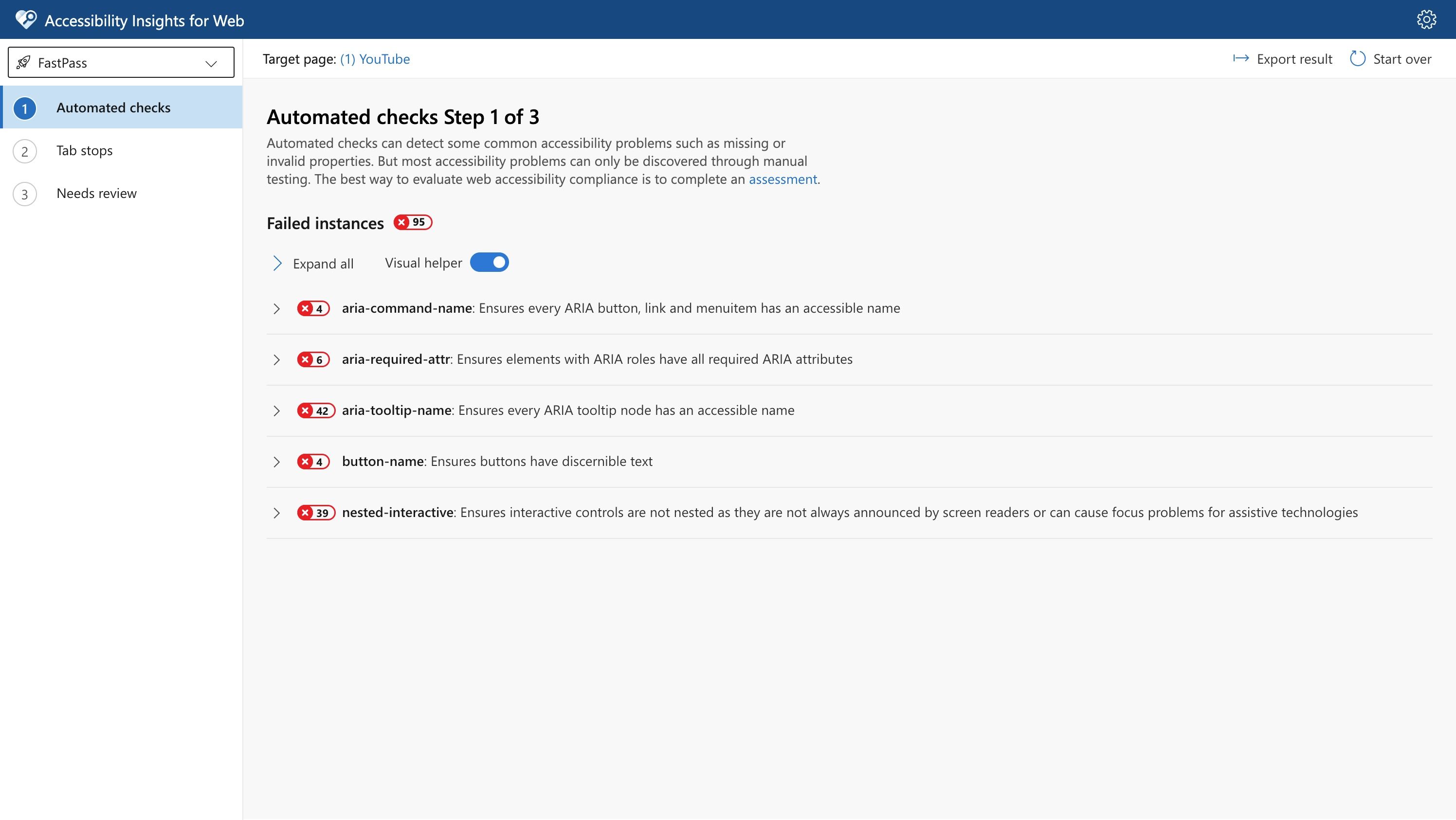 Accessibility Insights Fast Pass results