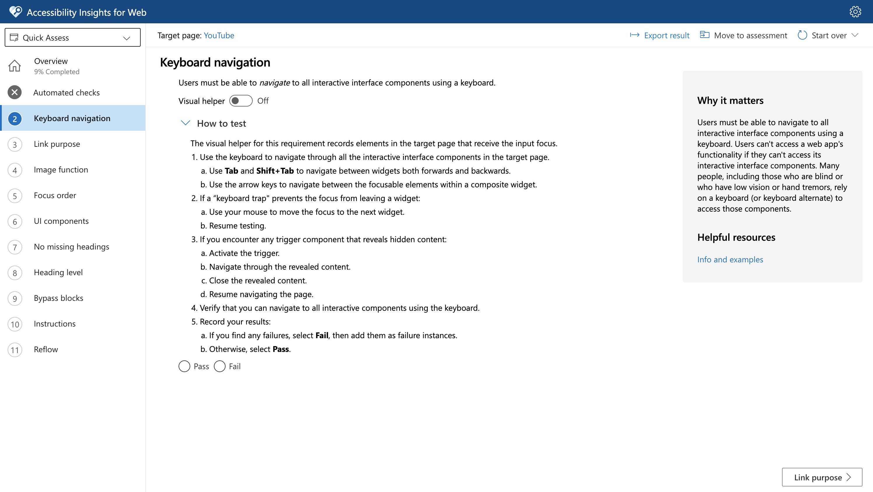 Accessibility Insights Quick Assess results