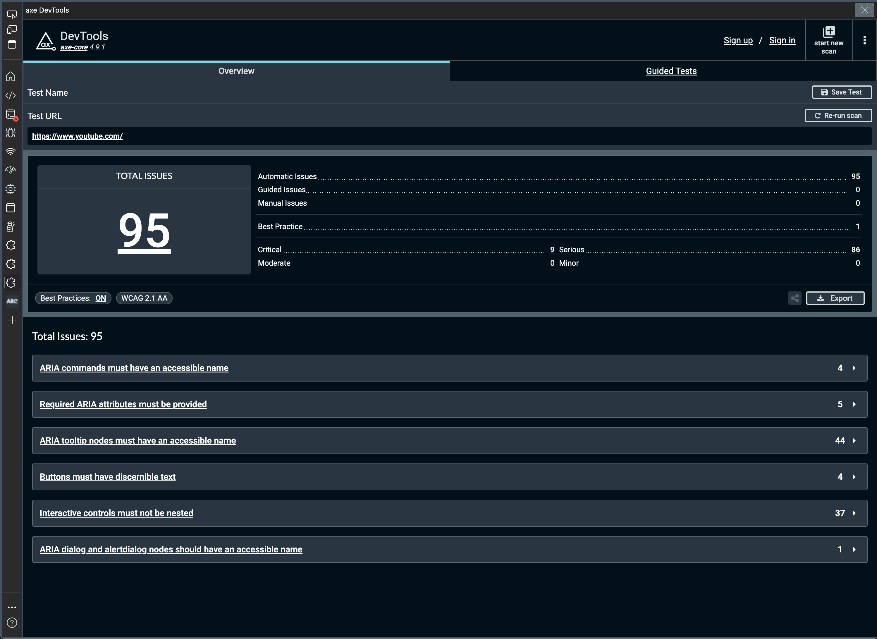 axe DevTools results
